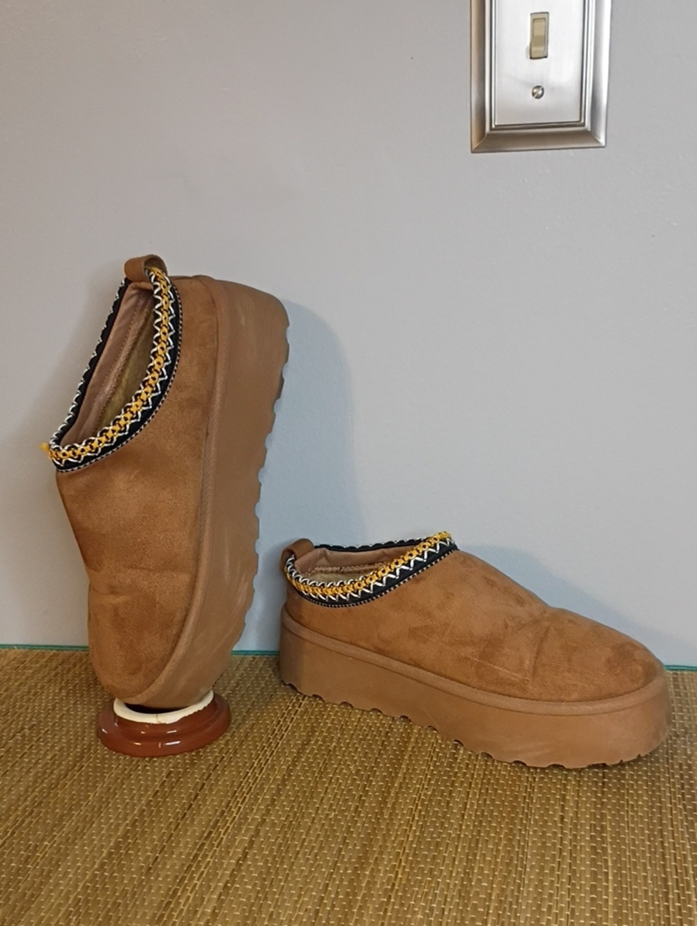 Mudd Tan Suede Platform Slip-On Clogs with Braided Trim